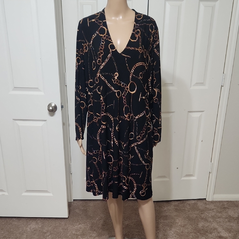 Anne Klein 14w Pockets Black and Gold Chain Pattern Vneck Dress Jerseyknit